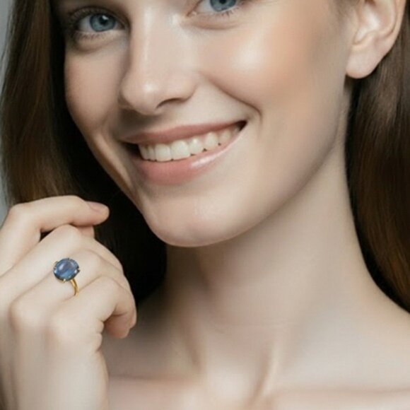 925 Sterling Silver 14K Gold Plated Ring SZ 7.75 with Natural Labradorite Gem - Picture 6 of 6